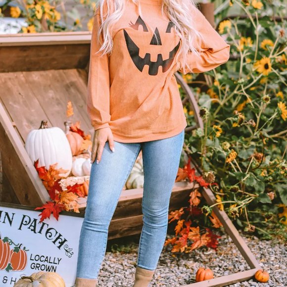 Orange Pumpkin Smile Face Graphic Sweatshirt - Picture 2 of 9